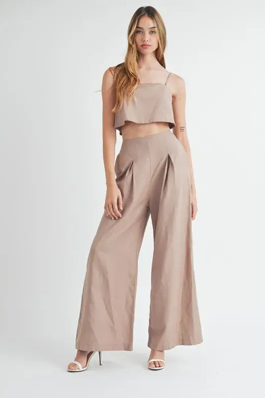 MABLE Linen Mix Crop Cami and Wide Leg Pants Set - Trendsi - Flyclothing LLC