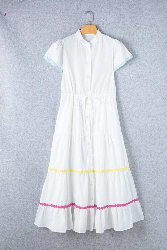 Contrast Trim Button Up Short Sleeve Dress - Trendsi - Flyclothing LLC