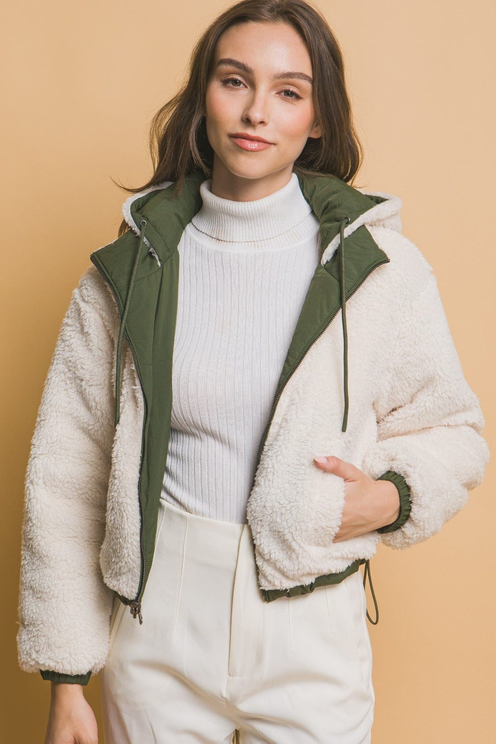 Love Tree Zip Up Cropped Hooded Sherpa Reversible Jacket - Trendsi