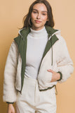 Love Tree Zip Up Cropped Hooded Sherpa Reversible Jacket - Trendsi