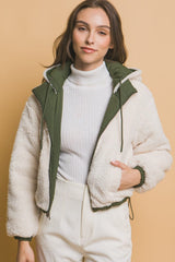 Love Tree Zip Up Cropped Hooded Sherpa Reversible Jacket - Trendsi