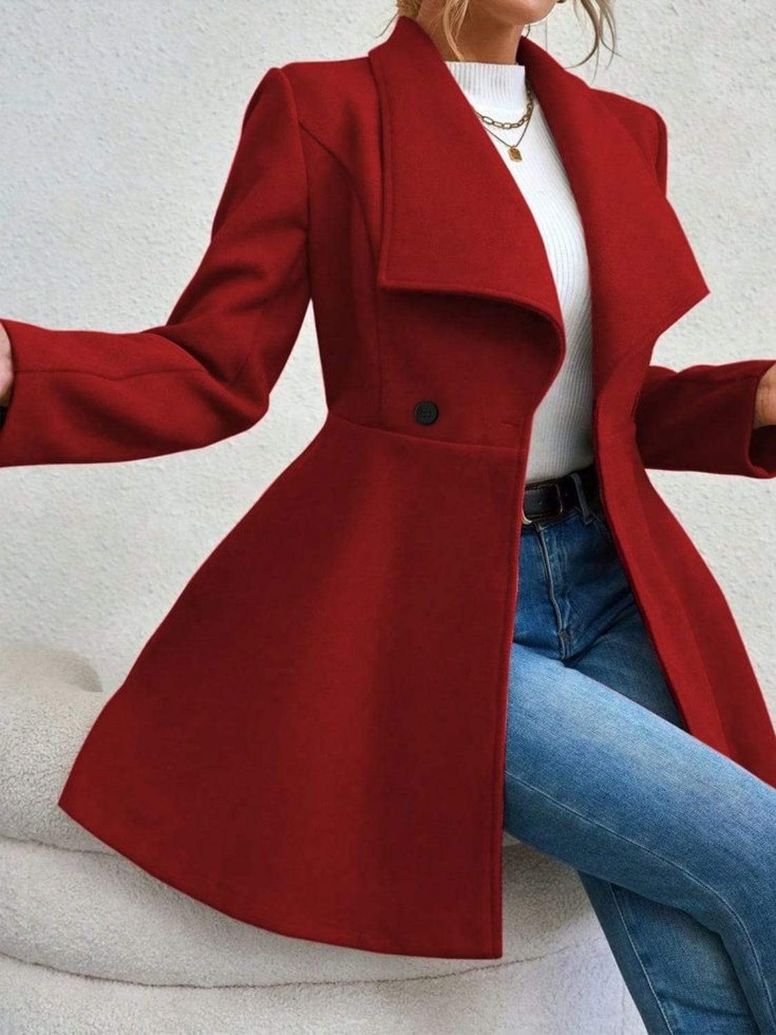 Collared Neck Button Up Long Sleeve Coat - Trendsi - Flyclothing LLC