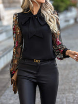 Printed Tie Neck Long Sleeve Blouse - Trendsi - Flyclothing LLC