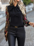 Printed Tie Neck Long Sleeve Blouse - Trendsi