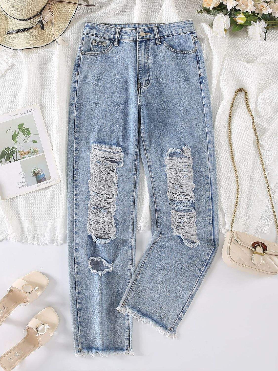 Distressed Raw Hem Jeans - Trendsi - Flyclothing LLC