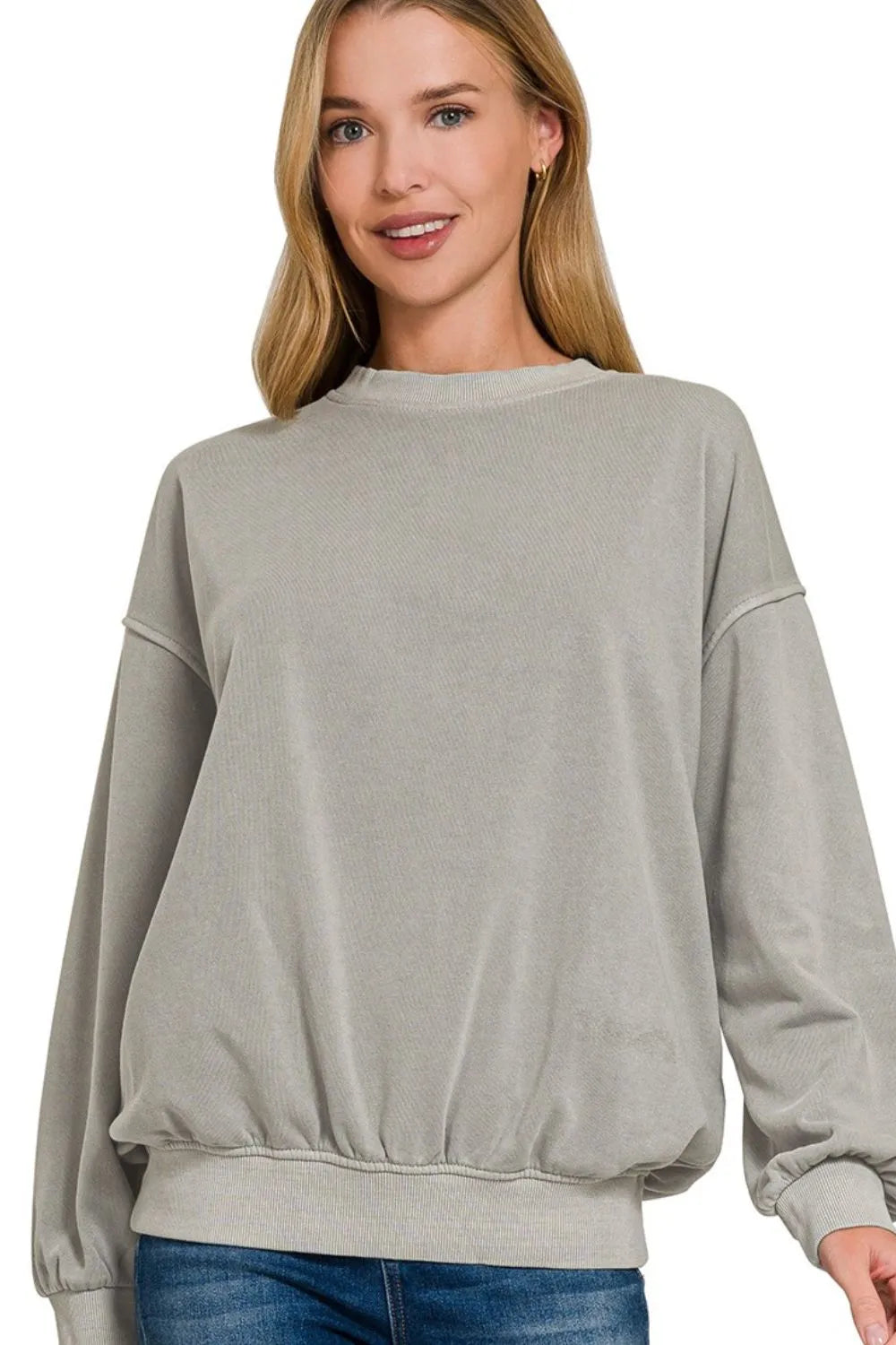Zenana Soft Fleece Pigment Dye Round-neck Sweatshirts - Trendsi