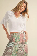 Aemi + Co Side Slit Notched Ruffled Half Sleeve Blouse - Trendsi - Flyclothing LLC