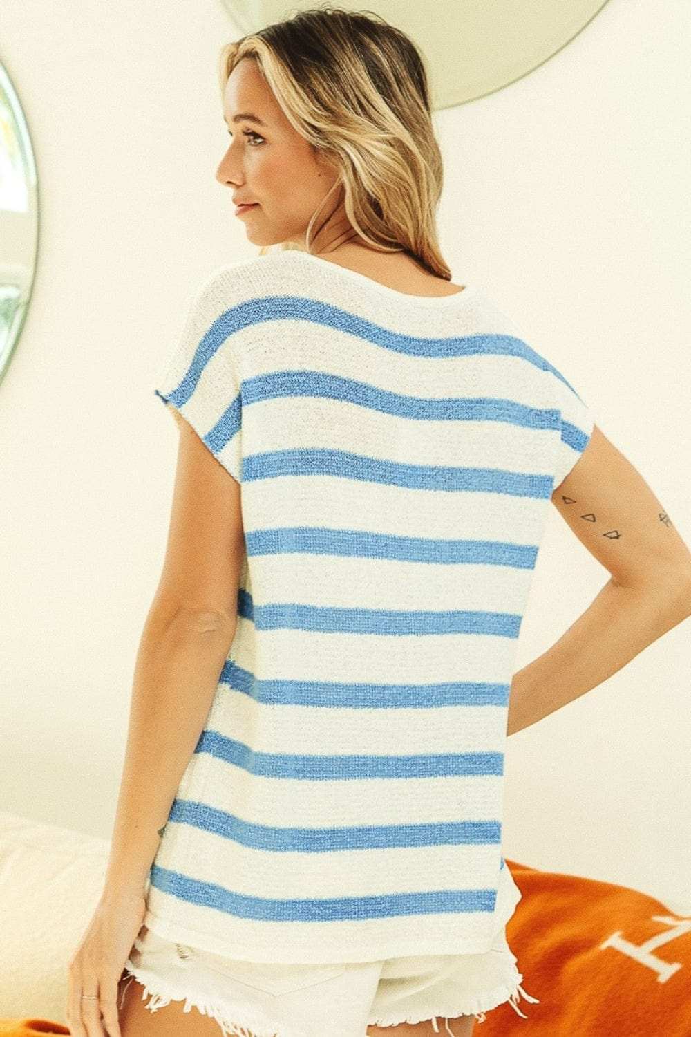 BiBi Striped Round Neck Short Sleeve Knit Top - Trendsi - Flyclothing LLC