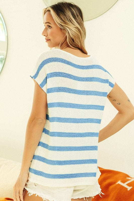 BiBi Striped Round Neck Short Sleeve Knit Top - Trendsi - Flyclothing LLC