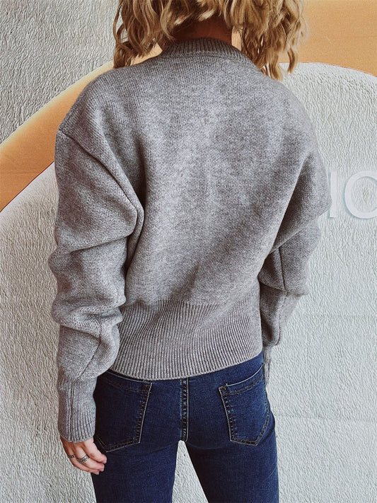 Round Neck Half Zip Long Sleeve Sweater - Trendsi