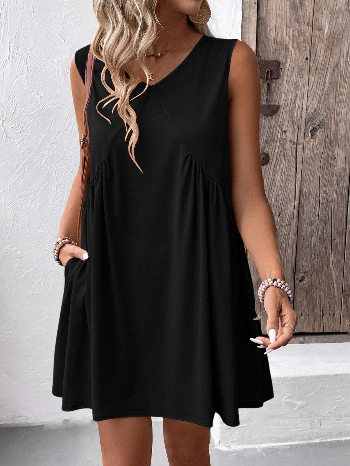 Ivy Lane Ruched V-Neck Sleeveless Mini Dress - Trendsi - Flyclothing LLC