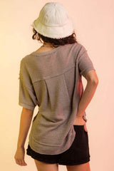 Waffle-Knit Notched Half Sleeve T-Shirt - Trendsi - Flyclothing LLC