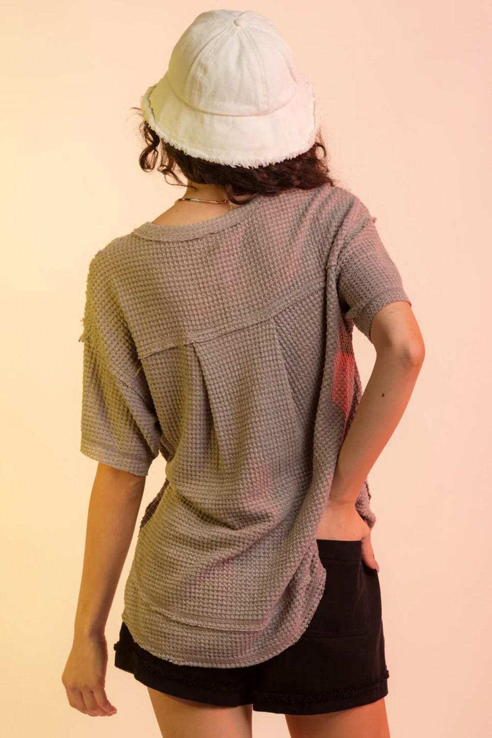 Waffle-Knit Notched Half Sleeve T-Shirt - Trendsi - Flyclothing LLC