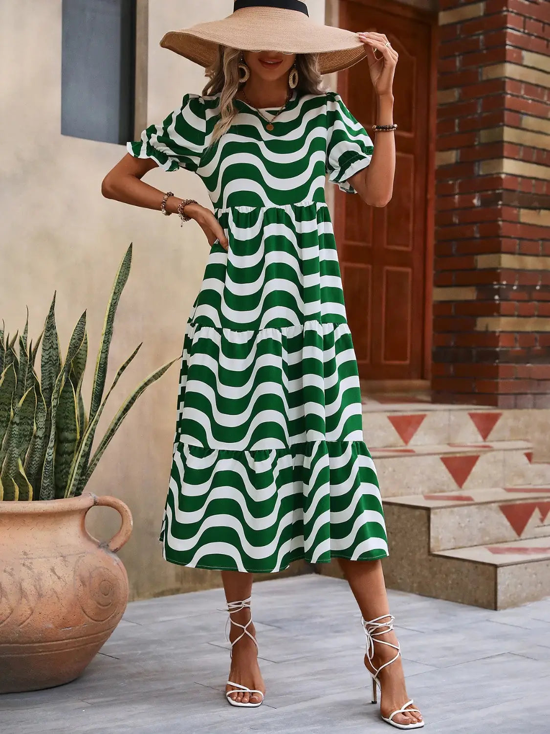 Wavy Striped Round Neck Short Sleeve Dress - Trendsi - Flyclothing LLC