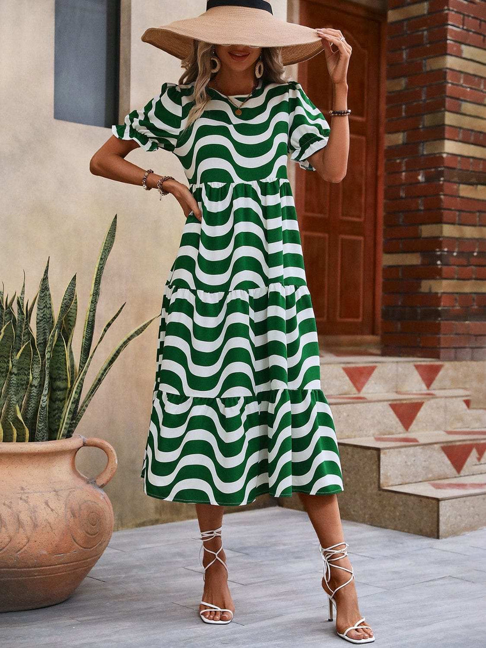 Wavy Striped Round Neck Short Sleeve Dress - Trendsi - Flyclothing LLC