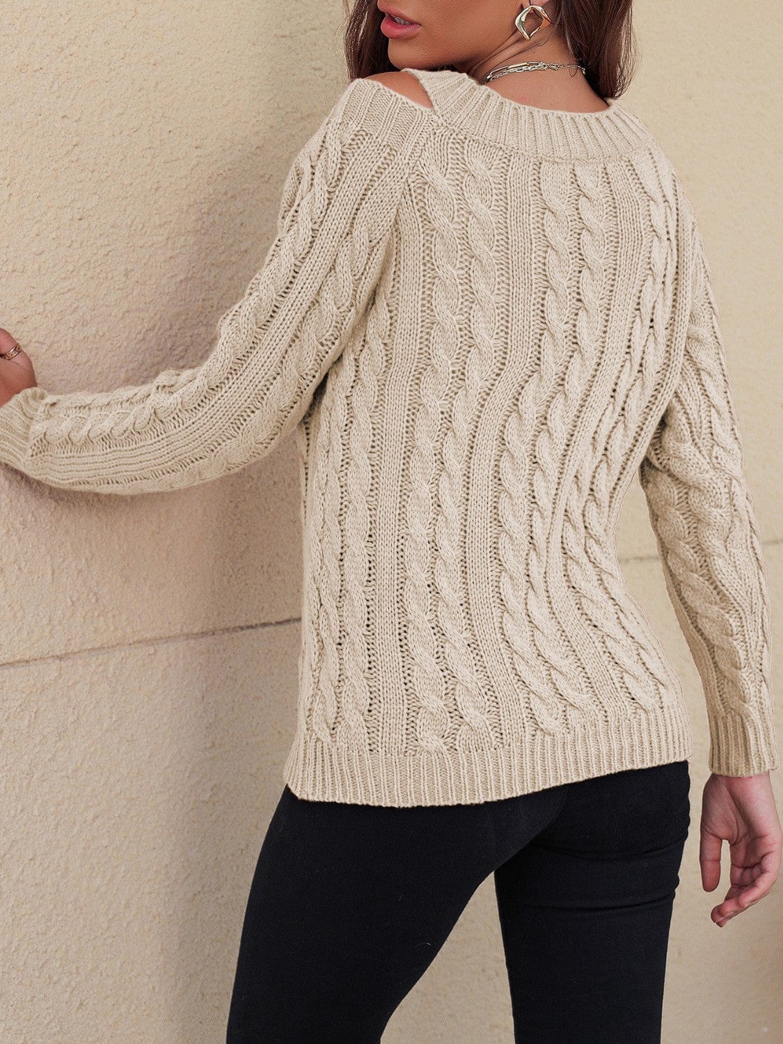 Honey Cable-Knit V-Neck Cold Shoulder Sweater - Trendsi