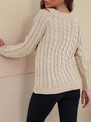 Honey Cable-Knit V-Neck Cold Shoulder Sweater - Trendsi