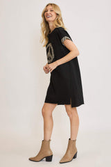 Umgee Peace Plaid Applique Short Sleeve Mini Dress - Trendsi - Flyclothing LLC