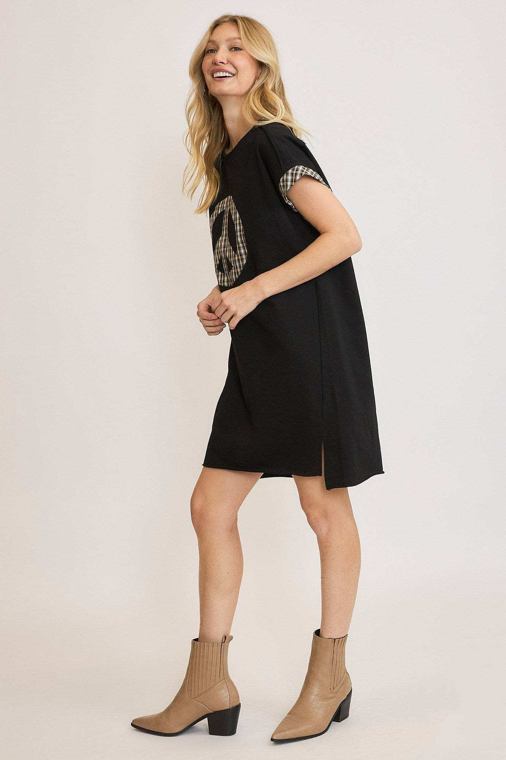 Umgee Peace Plaid Applique Short Sleeve Mini Dress - Trendsi - Flyclothing LLC