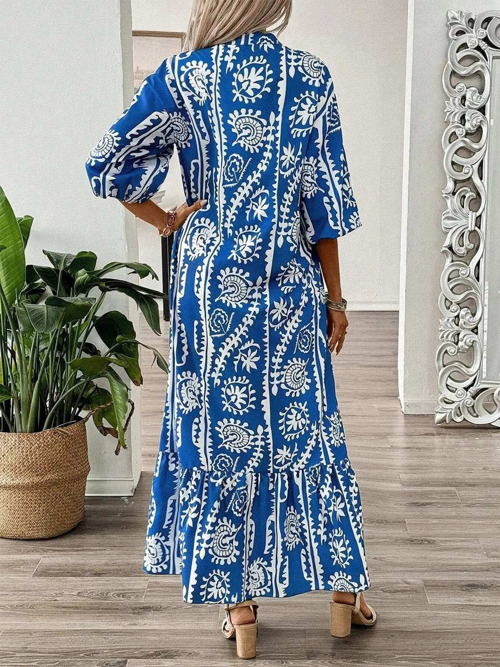 Printed Notched Half Sleeve Maxi Dress - Trendsi - Flyclothing LLC