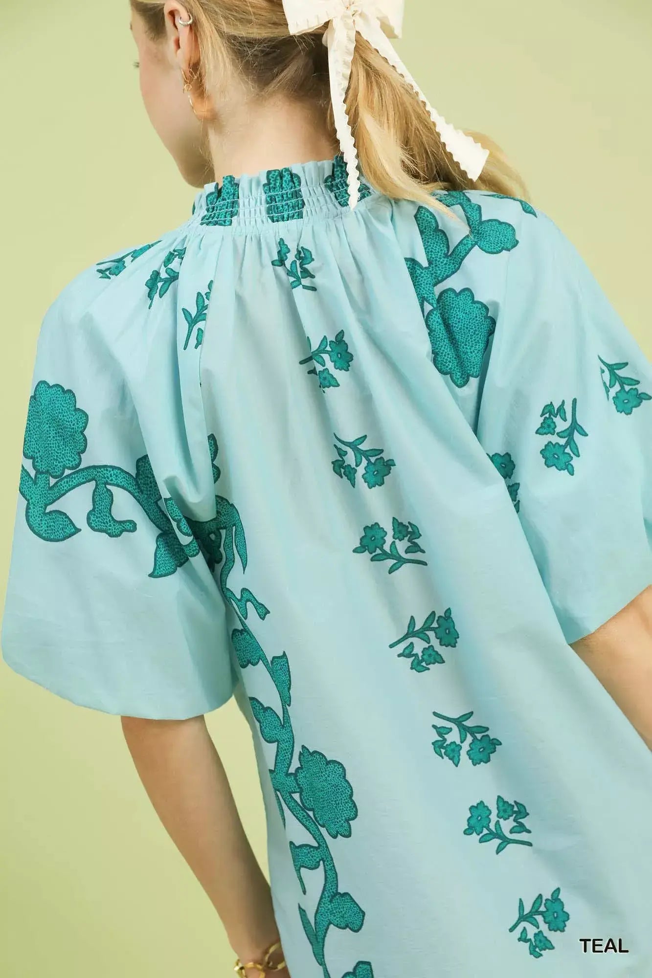 Umgee Floral Smocked Notched Puff Sleeve Blouse - Trendsi - Flyclothing LLC