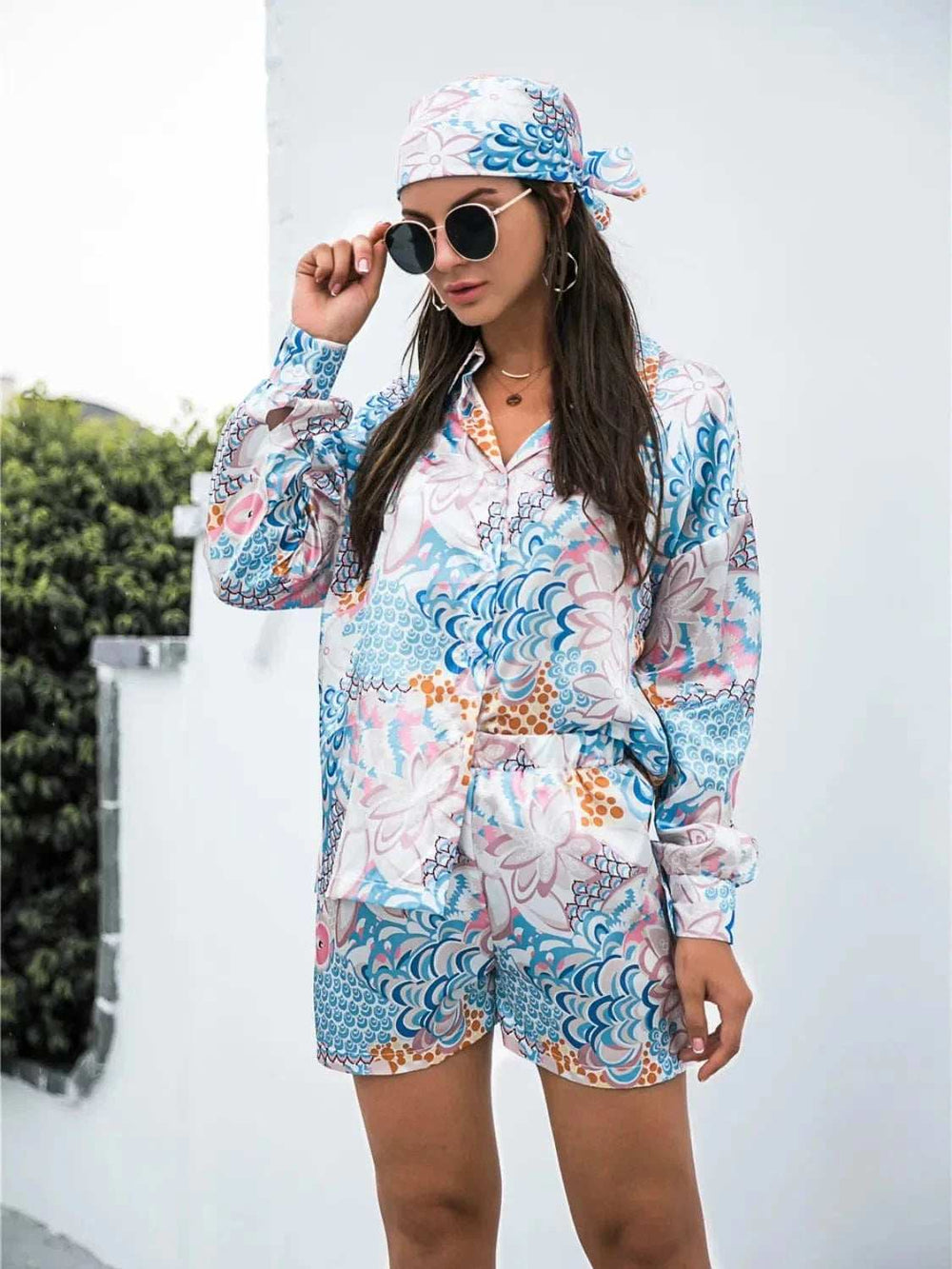 Printed Button Up Long Sleeve Shirt and Shorts Set - Trendsi - Flyclothing LLC