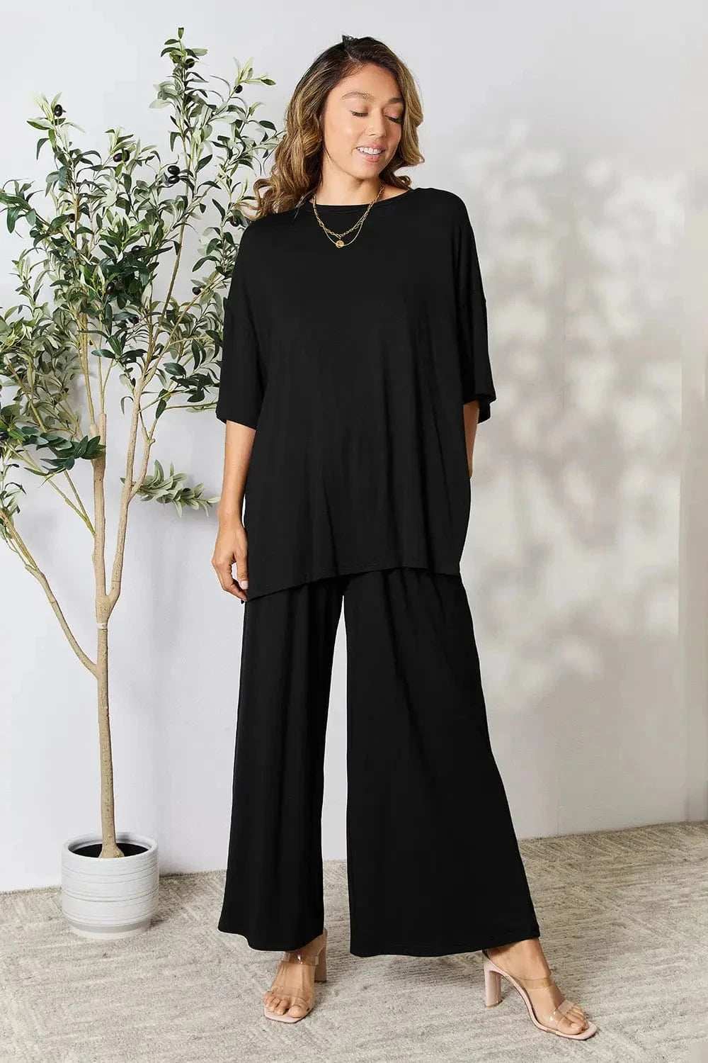 Double Take Full Size Round Neck Slit Top and Pants Set - Trendsi - Flyclothing LLC