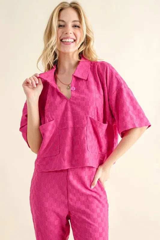 And The Why Brushed Texture Checker Board Pattern Casual Top - Trendsi - Flyclothing LLC