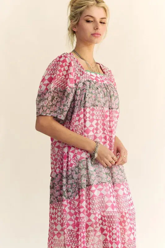 Davi & Dani Multi Floral Square Neck Puff Sleeve Maxi Dress - Trendsi - Flyclothing LLC