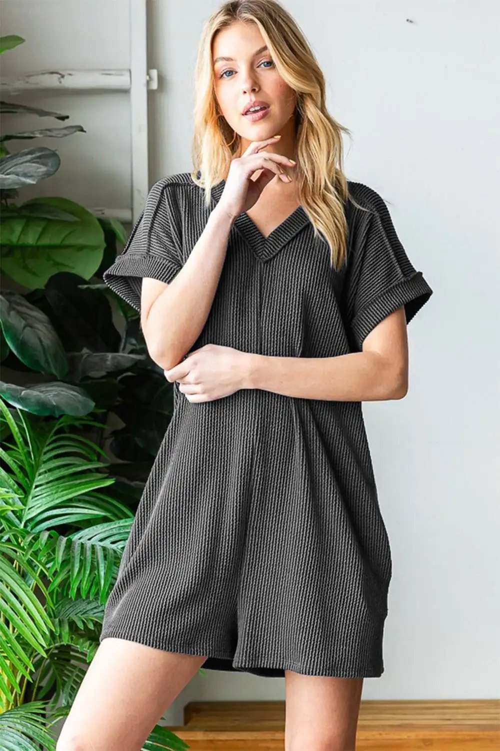 Heimish Full Size Short Sleeve Ribbed Romper with Pockets - Trendsi