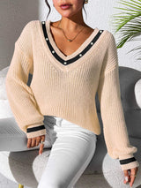 Contrast Trim V-Neck Long Sleeve Sweater - Trendsi - Flyclothing LLC