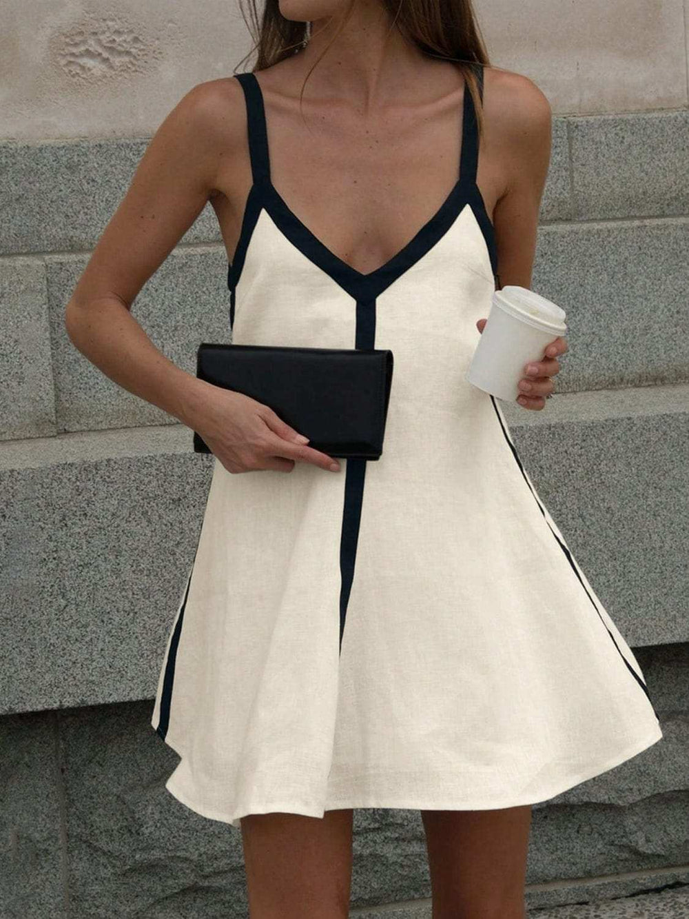 Contrast Trim V-Neck Mini Cami Dress - Trendsi - Flyclothing LLC