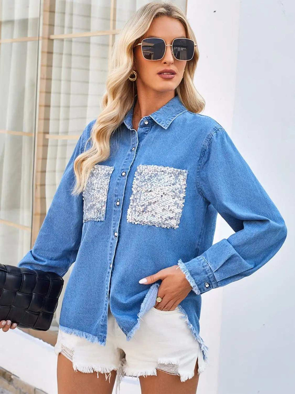 Raw Hem Button Up Long Sleeve Denim Jacket with Sequin Pockets - Trendsi - Flyclothing LLC