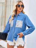 Raw Hem Button Up Long Sleeve Denim Jacket with Sequin Pockets - Trendsi - Flyclothing LLC