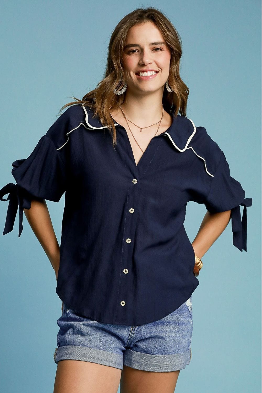 Umgee Full Size Embroidered Detail Button Down Shirt Plus Size - Trendsi