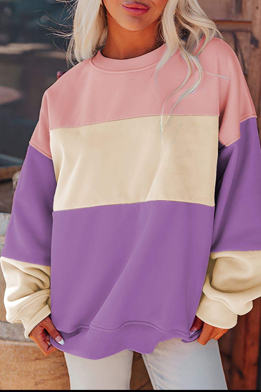 Contrast Round Neck Long Sleeve Sweatshirt - Trendsi - Flyclothing LLC
