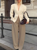 V-Neck Button-Up Blazer with Structured Shoulders - Trendsi - Flyclothing LLC