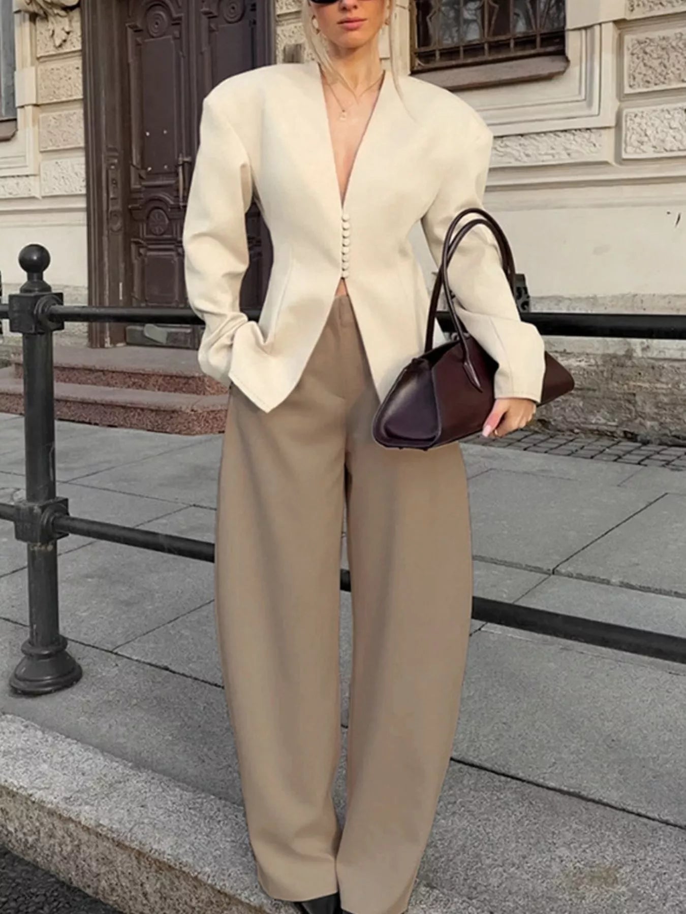V-Neck Button-Up Blazer with Structured Shoulders - Trendsi - Flyclothing LLC