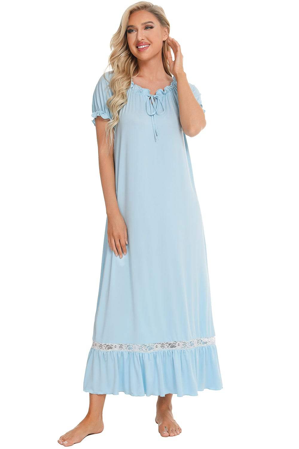 Lace Detail Short Sleeve Lounge Dress - Trendsi - Flyclothing LLC