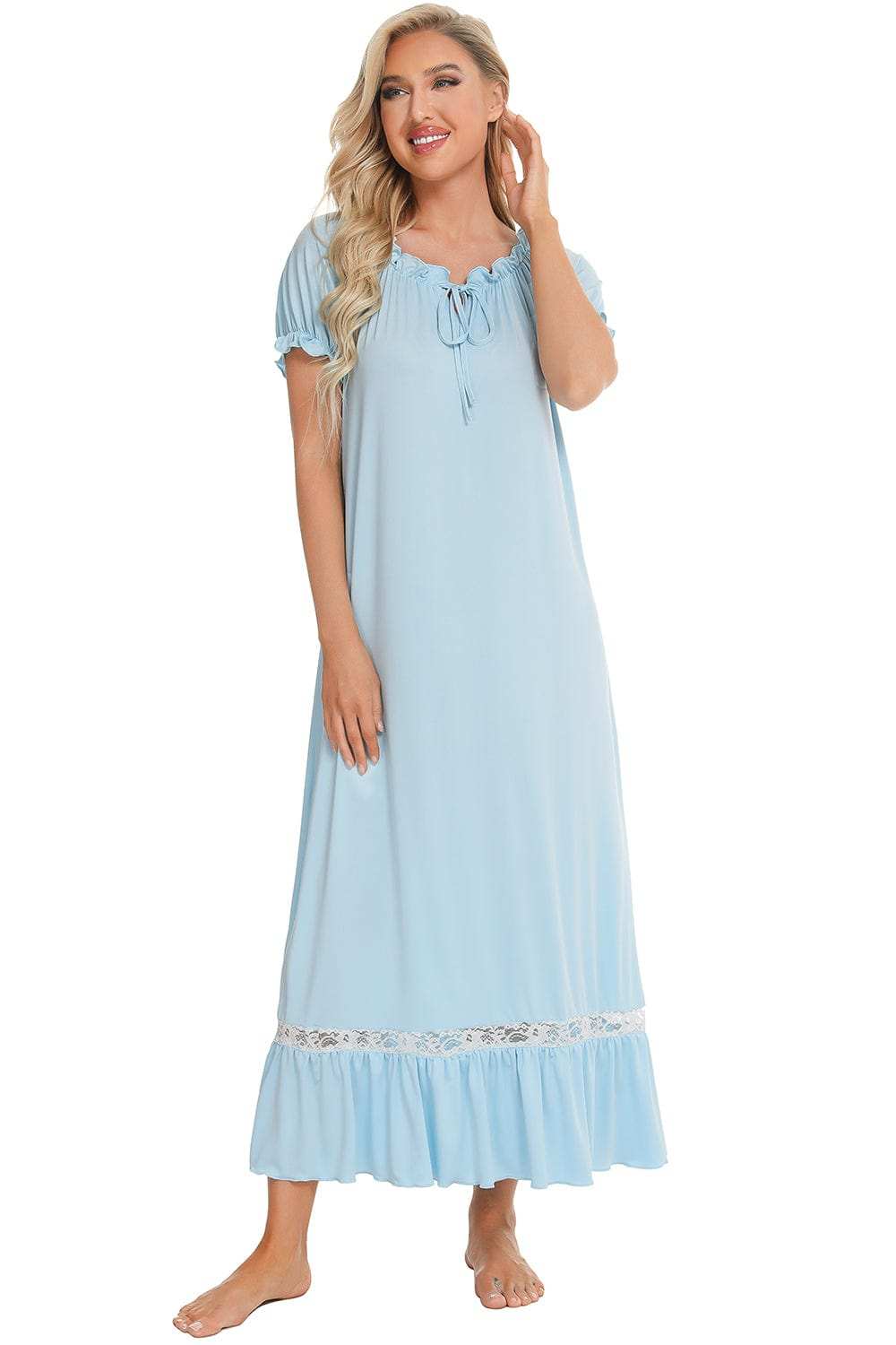 Lace Detail Short Sleeve Lounge Dress - Trendsi - Flyclothing LLC