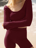Scoop Neck Long Sleeve Top and Shorts Set - Trendsi - Flyclothing LLC