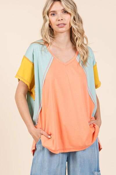 Mittoshop Color Block V-Neck Short Sleeve T-Shirt - Trendsi - Flyclothing LLC