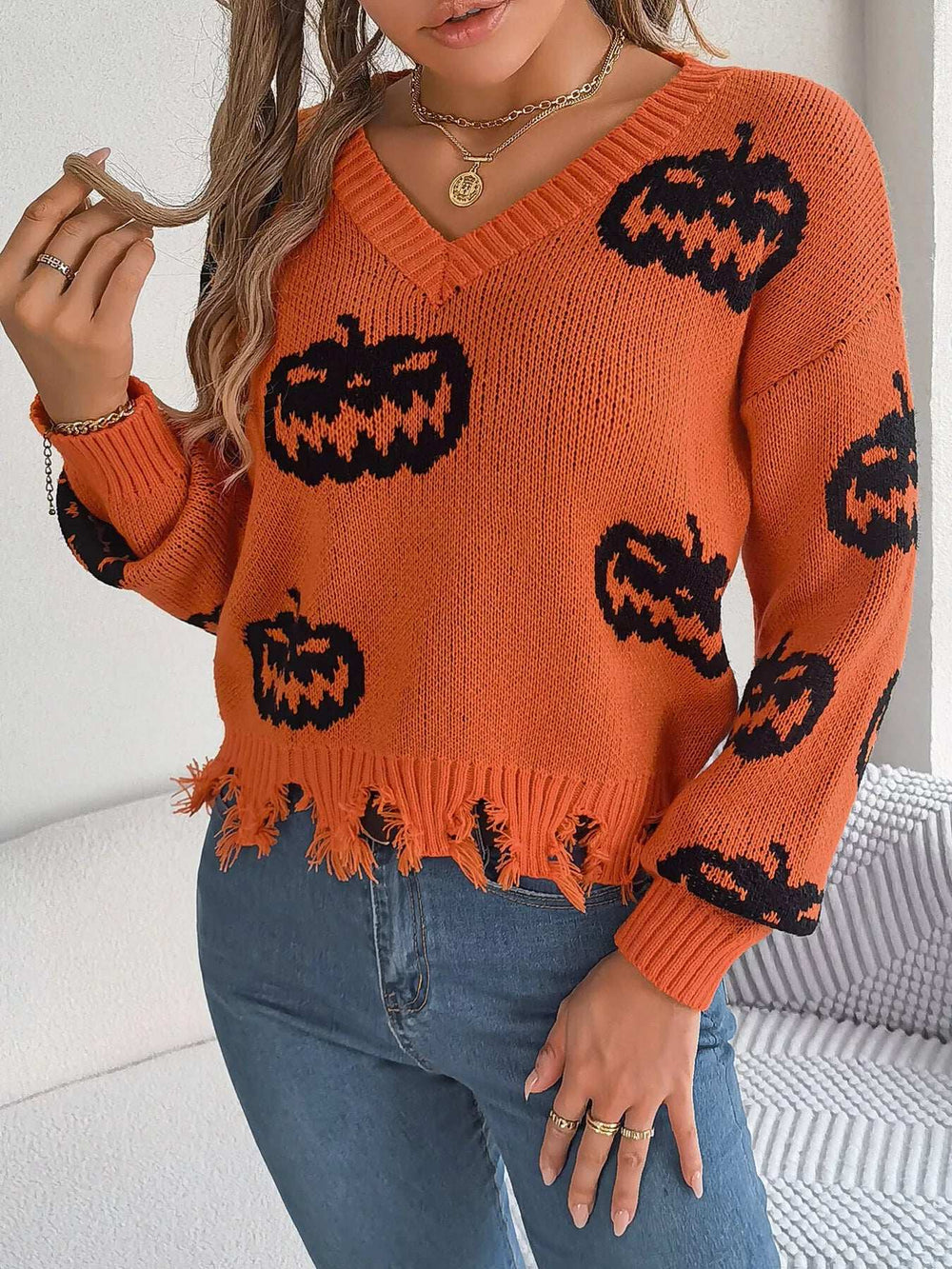 Halloween Pumpkin Pattern Raw Hem V-Neck Sweater - Trendsi - Flyclothing LLC