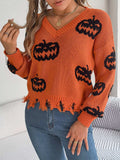 Halloween Pumpkin Pattern Raw Hem V-Neck Sweater - Trendsi - Flyclothing LLC