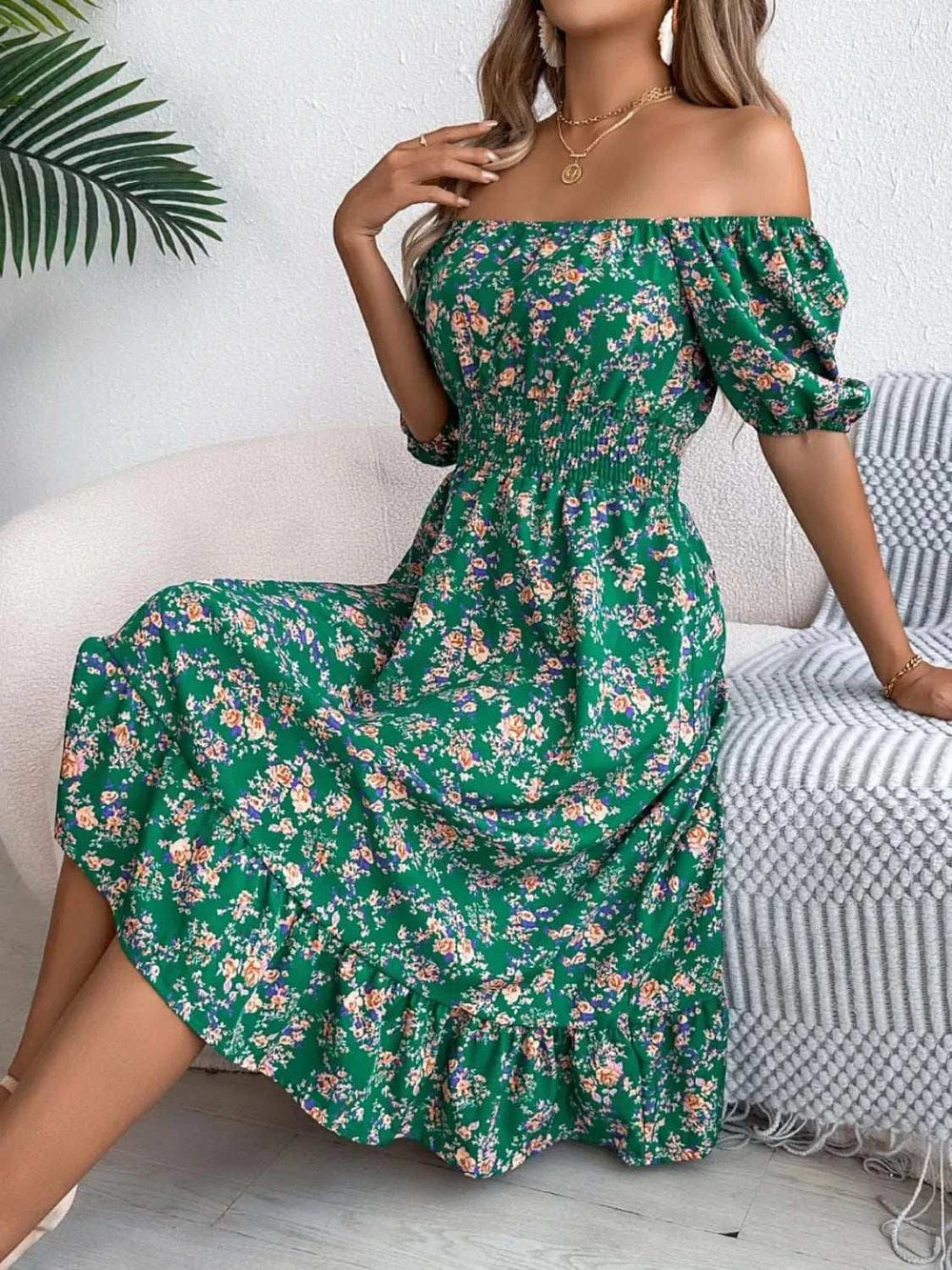 Ruffled Hem Floral Puff Sleeve Dress - Trendsi - Flyclothing LLC