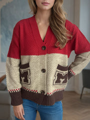 Pocketed Contrast V-Neck Button Up Cardigan - Trendsi
