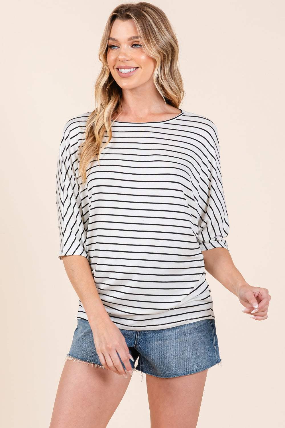BOMBOM Striped Boat Neck Dolman Sleeve Top - Trendsi - Flyclothing LLC