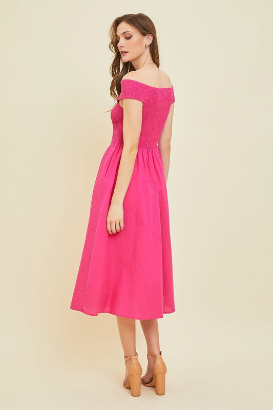 HEYSON Off-Shoulder Smocked Midi Dress - Trendsi
