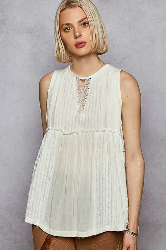 POL Lace Trim Round Neck Tank with Pintuck Detail - Trendsi - Flyclothing LLC