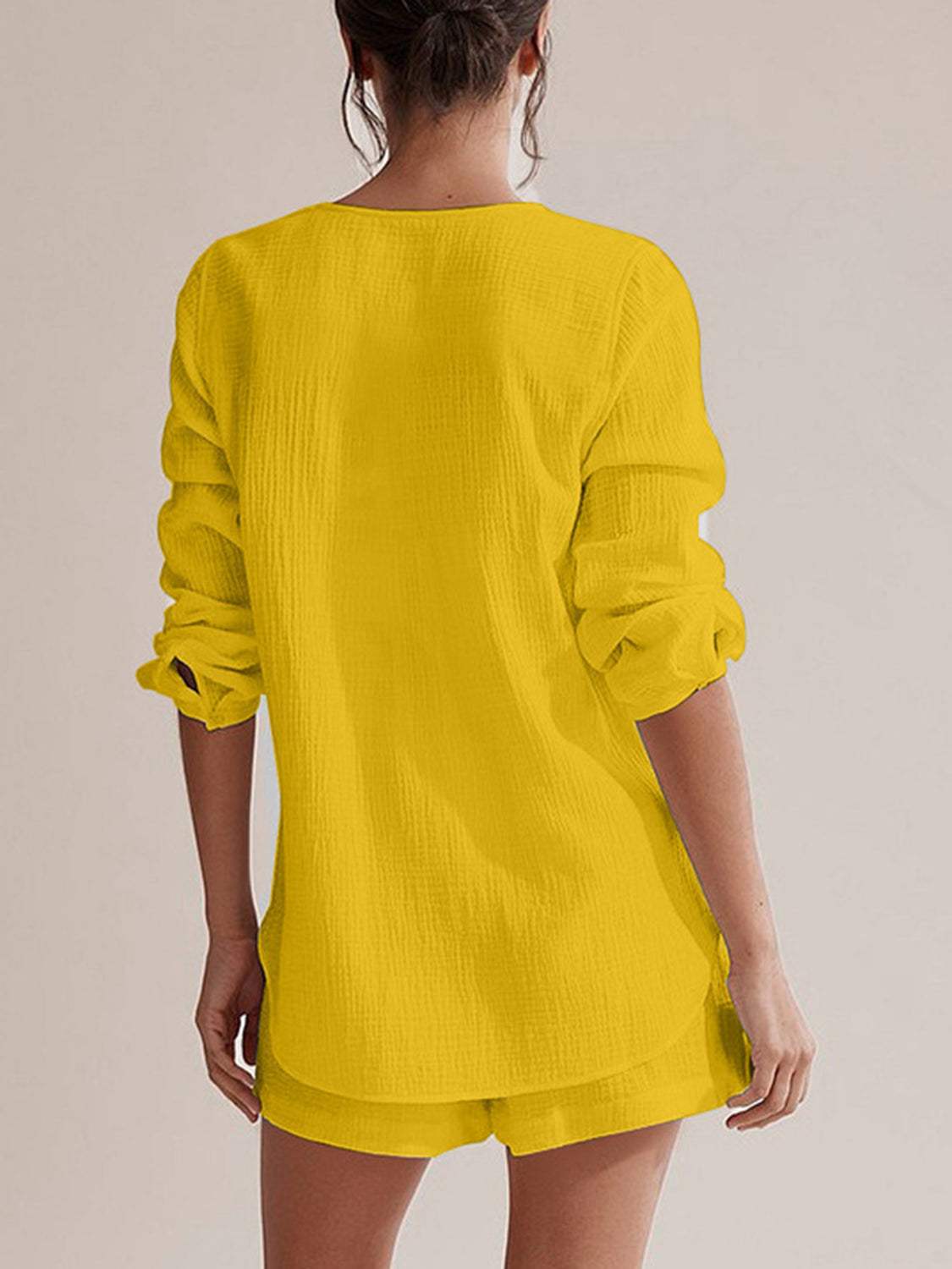 Notched Long Sleeve Top and Shorts Set - Trendsi - Flyclothing LLC